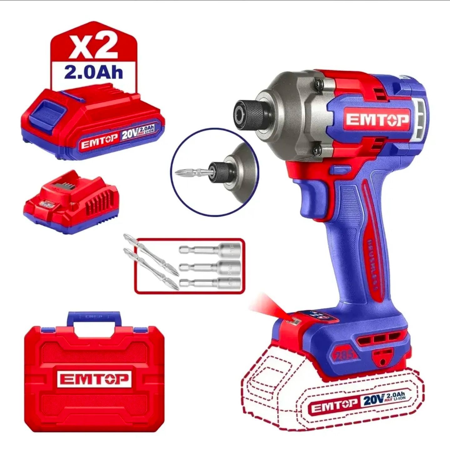 Kit de llave de impacto inalámbrica EMTOP, azul y rojo, con dos baterías, cargador, vasos y estuche.
