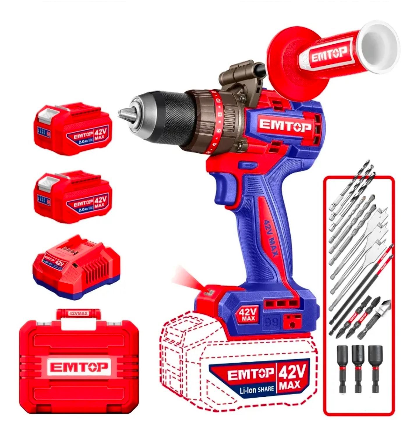 Kit de taladro inalámbrico EMTOP de 42 V con baterías, cargador, brocas y maletín rojo.