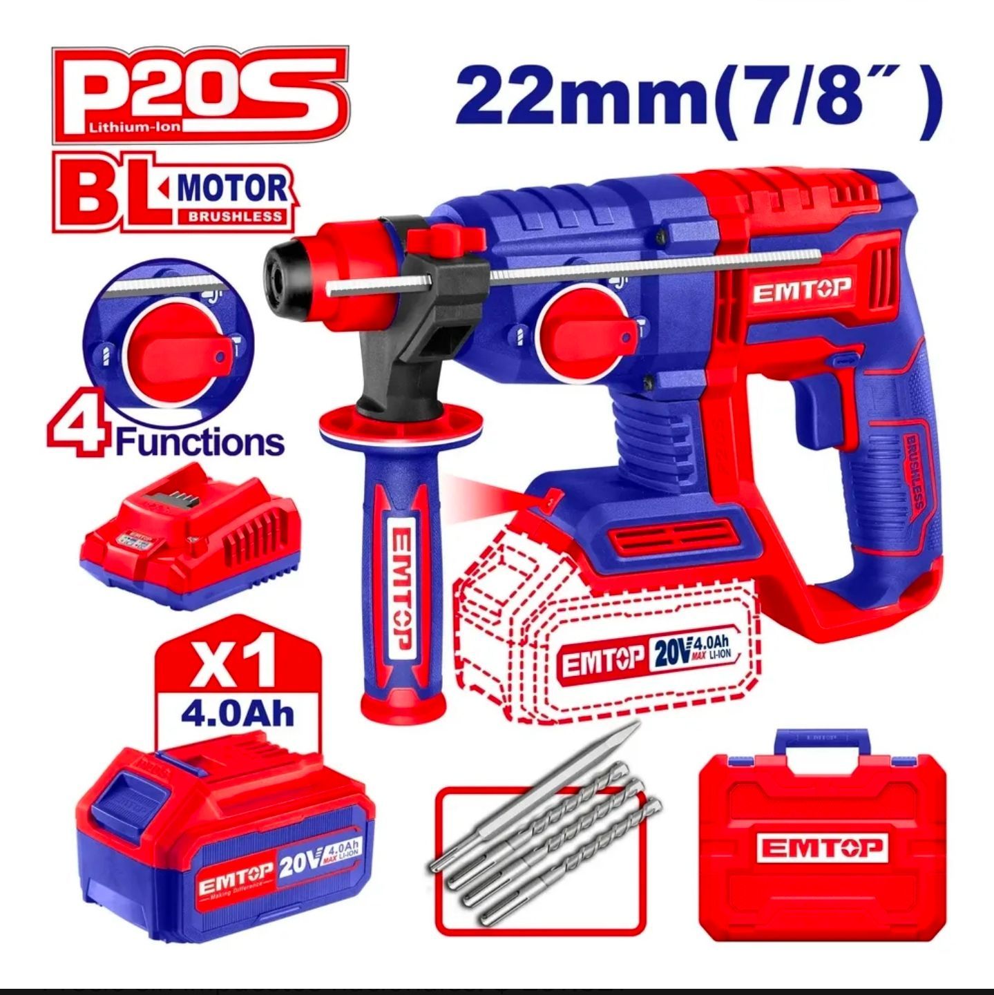 Kit de taladro inalámbrico EMTOP de 22 mm en azul y rojo con batería, cargador, brocas y estuche.