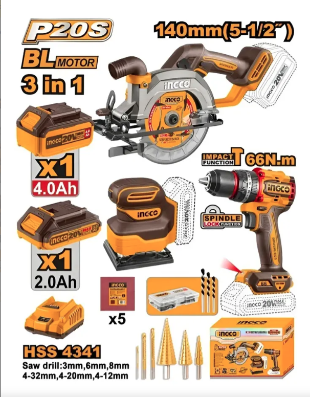 Set 3 en 1 Ingco, sierra circular 140 mm, taladro atornillador 66 nm y lijadora de palma
