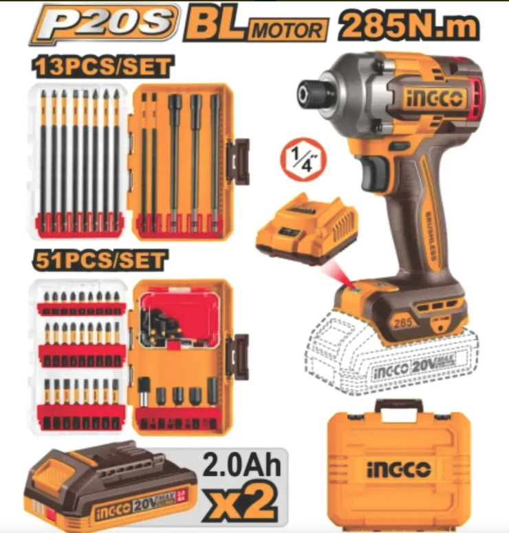 SET ATORNILLADOR DE IMPACTO HEX (P20S) 20V CIRLI2028-4 + 2 BATERIAS 2AH + 1 CARGADOR 2AH + JUEGO DE 51 Y 13 ACCESORIOS