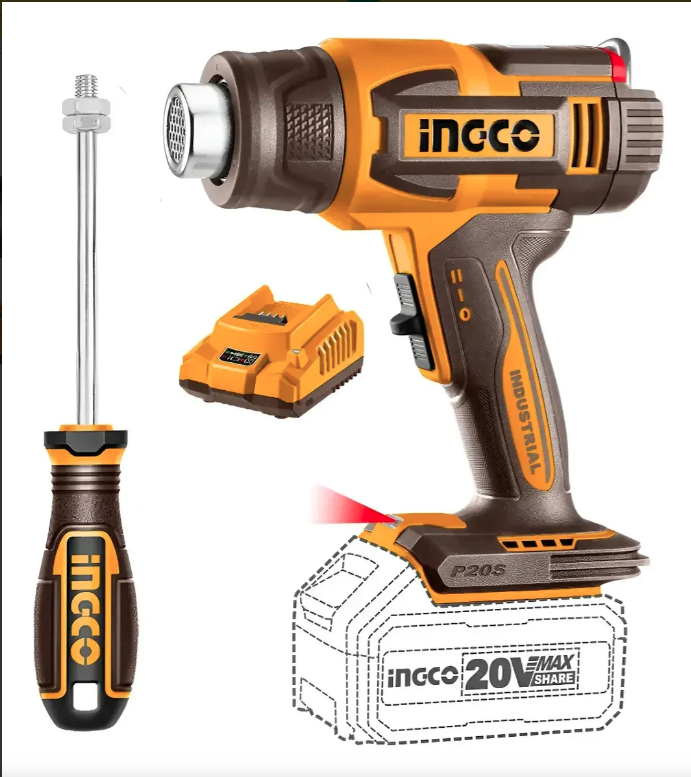 HGLI20035-4- PISTOLA DE CALOR 30-550C (P20S) 20V VELOCIDAD VARIABLE + BATERIA 5AH + CARGADOR 2AH INDUSTRIAL