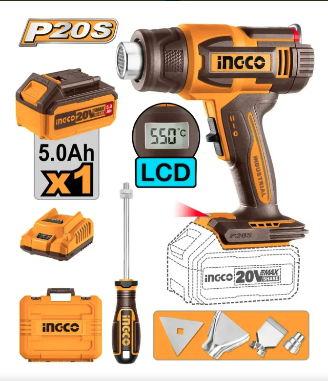 HGLI20035-4- PISTOLA DE CALOR 30-550C (P20S) 20V VELOCIDAD VARIABLE + BATERIA 5AH + CARGADOR 2AH INDUSTRIAL