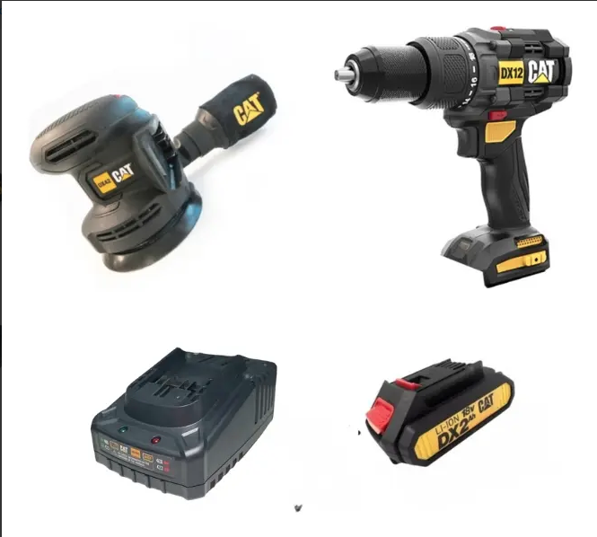 Taladro Cat Caterpillar + Lijadora Con Cargador Batería 2ah Amarillo