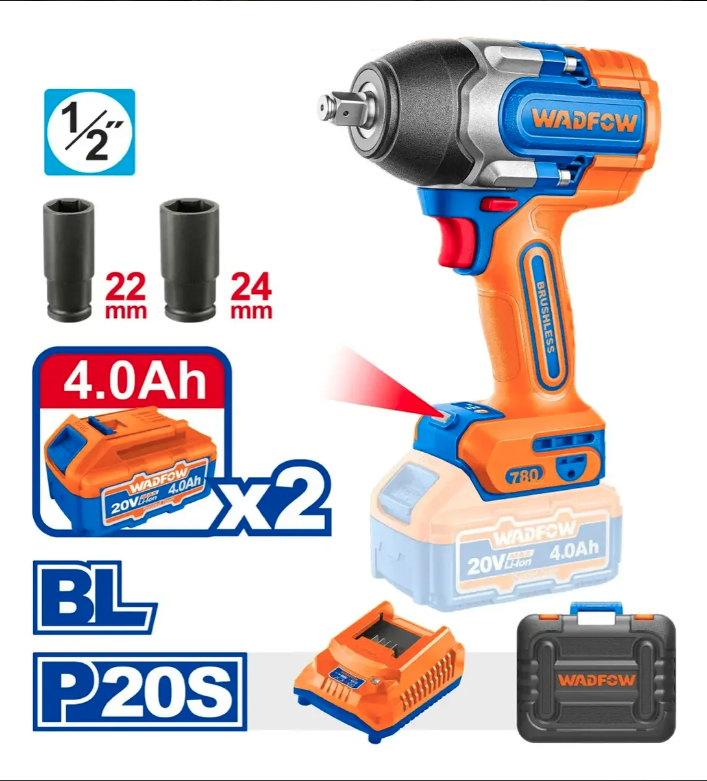 Kit de llave de impacto inalámbrica WADFOW con estuche rígido, batería, cargador y vasos sobre fondo blanco.