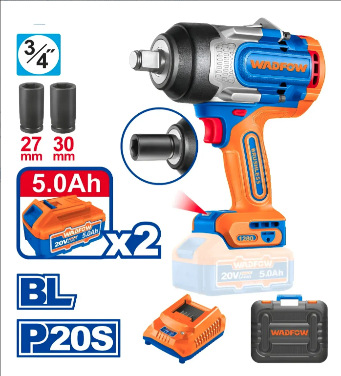 Kit de llave de impacto inalámbrica WADFOW azul-naranja con estuche, baterías, cargador y vasos.