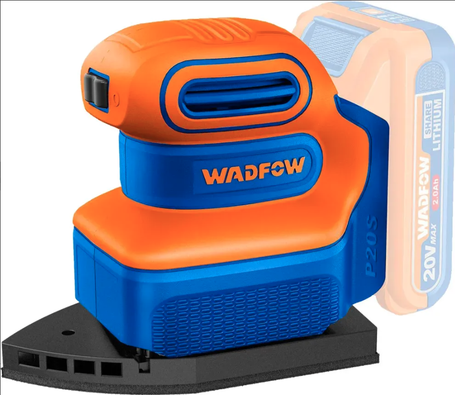 Lijadora inalámbrica naranja con batería de 20 V y 2,0 Ah, almohadillas de lijado y cargador sobre fondo blanco.