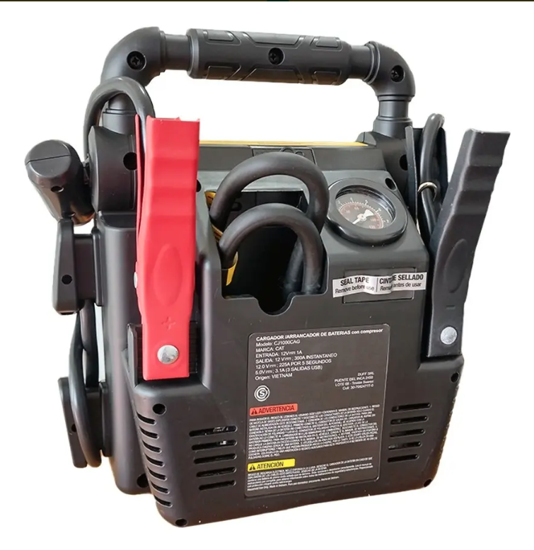 Batería externa portátil CAT amarilla y negra con asa y panel de visualización.