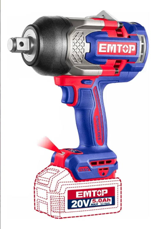 Llave de impacto inalámbrica EMTOP azul-roja con batería, cargador y vasos, etiquetada como 1350 N·m y motor BL.