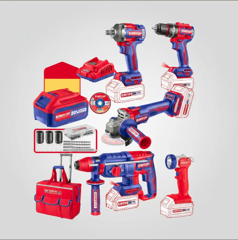 Anuncio de un kit de herramientas que muestra un destornillador de impacto inalámbrico P20S rojo y azul, un taladro, baterías y una bolsa, con texto de especificaciones.