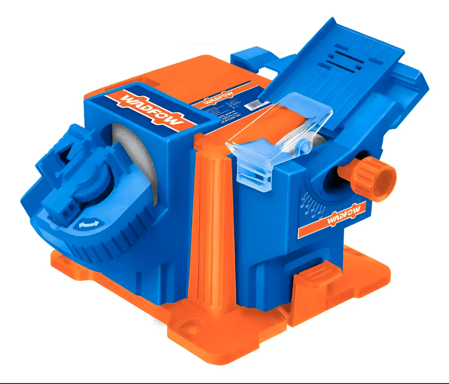 Máquina de afilar y rectificar de 65 W de color azul y naranja con herramientas accesorias, mostradas en pequeñas imágenes insertadas.