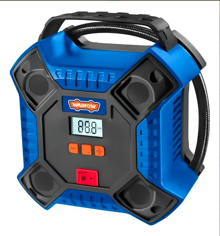 Compresor de aire portátil azul y negro de 160 PSI con asa, pantalla digital y etiqueta de alimentación de 12 V CC.