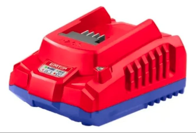 Tres baterías recargables para herramientas de color rojo y azul y un cargador con etiquetas de 20 V sobre un fondo blanco.
