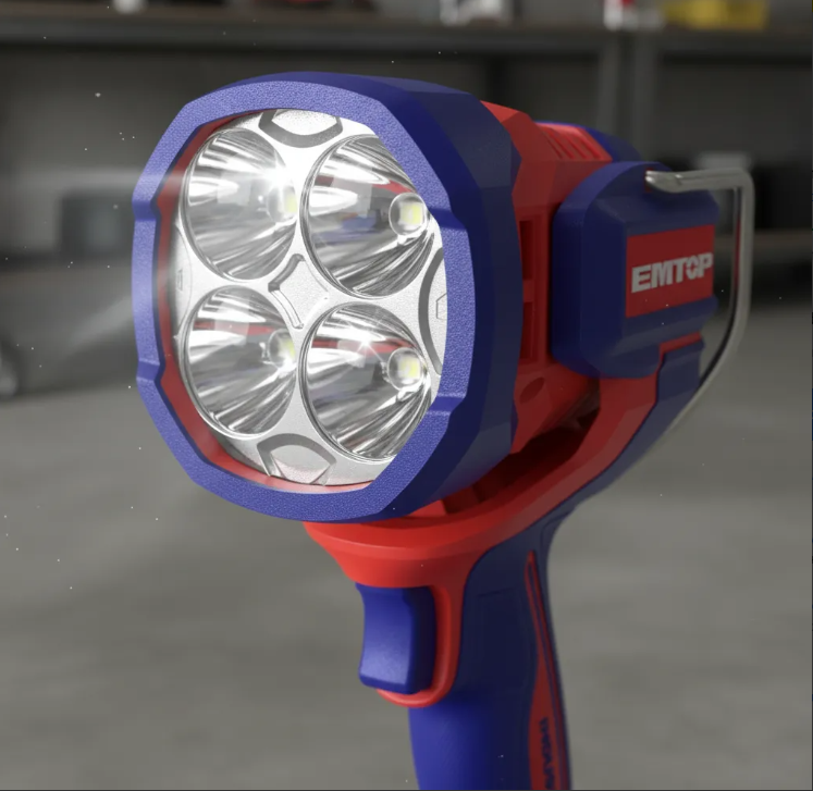 Linterna inalámbrica azul y roja con cabezal LED y base para batería de 20 V sobre fondo blanco.