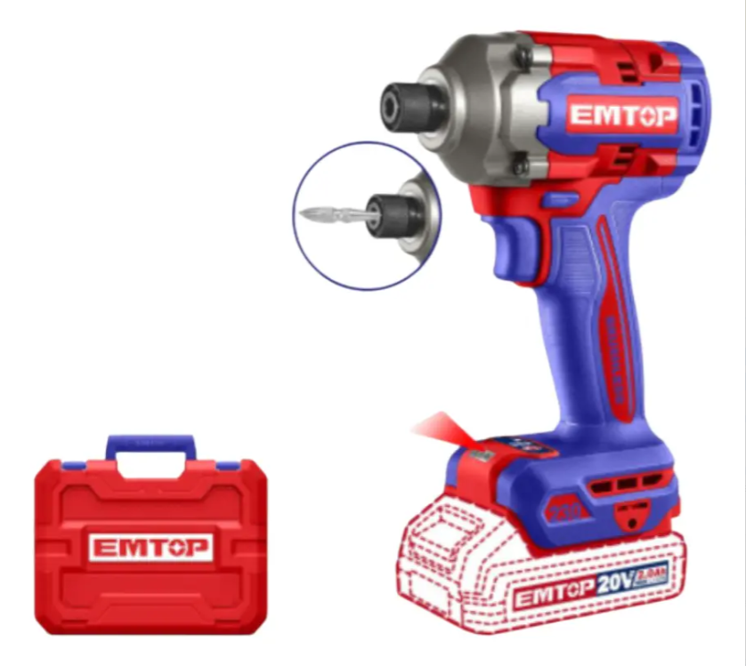 Kit de llave de impacto inalámbrica EMTOP, azul y rojo, con dos baterías, cargador, vasos y estuche.
