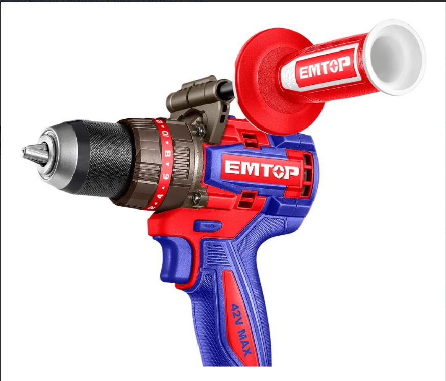 Kit de taladro inalámbrico EMTOP de 42 V con baterías, cargador, brocas y maletín rojo.