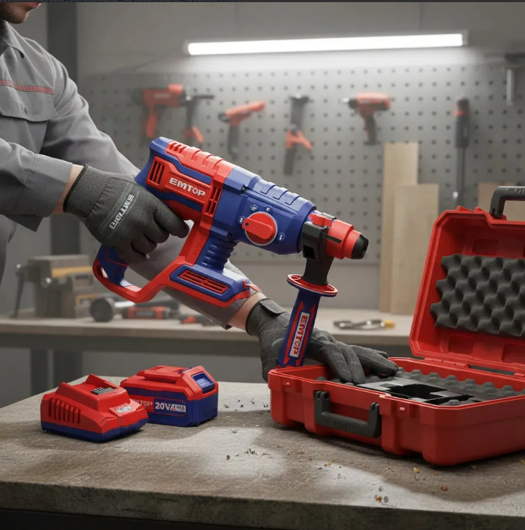 Kit de taladro inalámbrico EMTOP de 22 mm en azul y rojo con batería, cargador, brocas y estuche.
