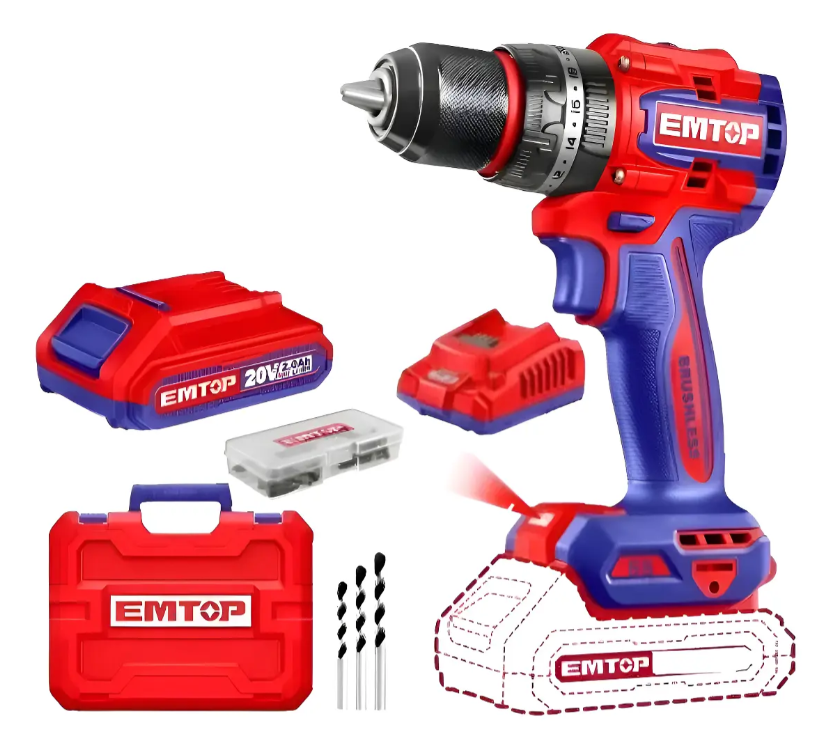 Taladro Percutor Atornillador Brushless 55nm + Acc Emtop