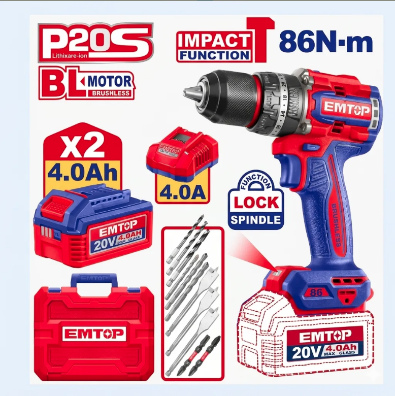 Taladro Impacto Emtop 20v 86nm Brushless + 2 Bat 4.0ah + Acc
