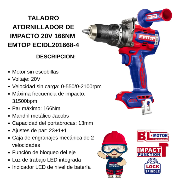 Taladro Atornillador Impacto 20v 166nm Emtop