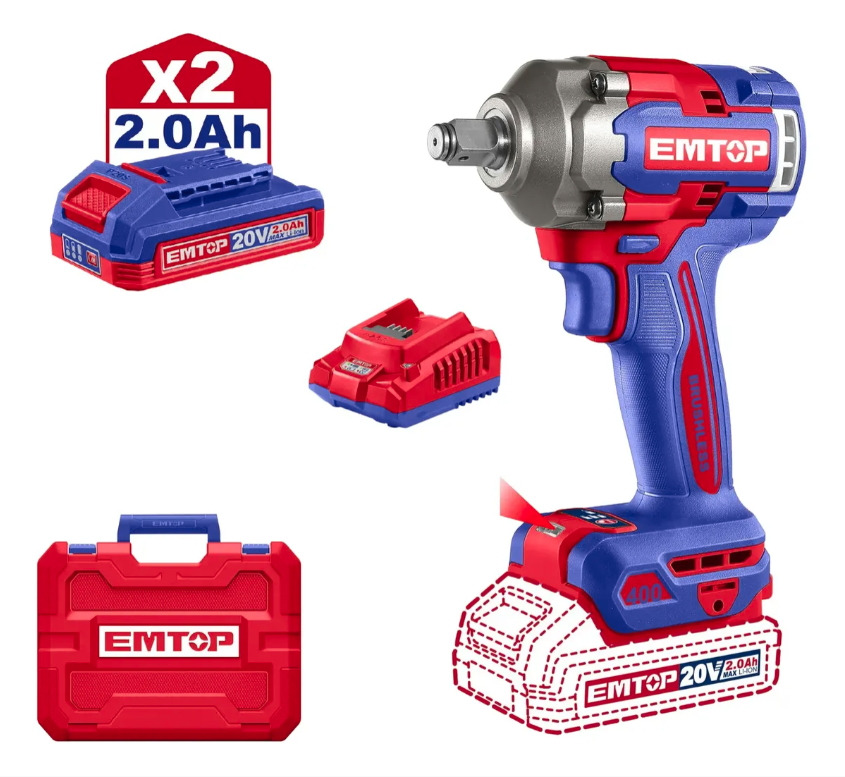 Llave de impacto inalam. Brush 20v 400 nm + carg + 2 bat 2.0 Ah + acc