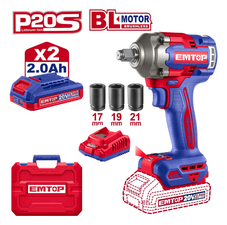 Llave de impacto inalam. Brush 20v 400 nm + carg + 2 bat 2.0 Ah + acc