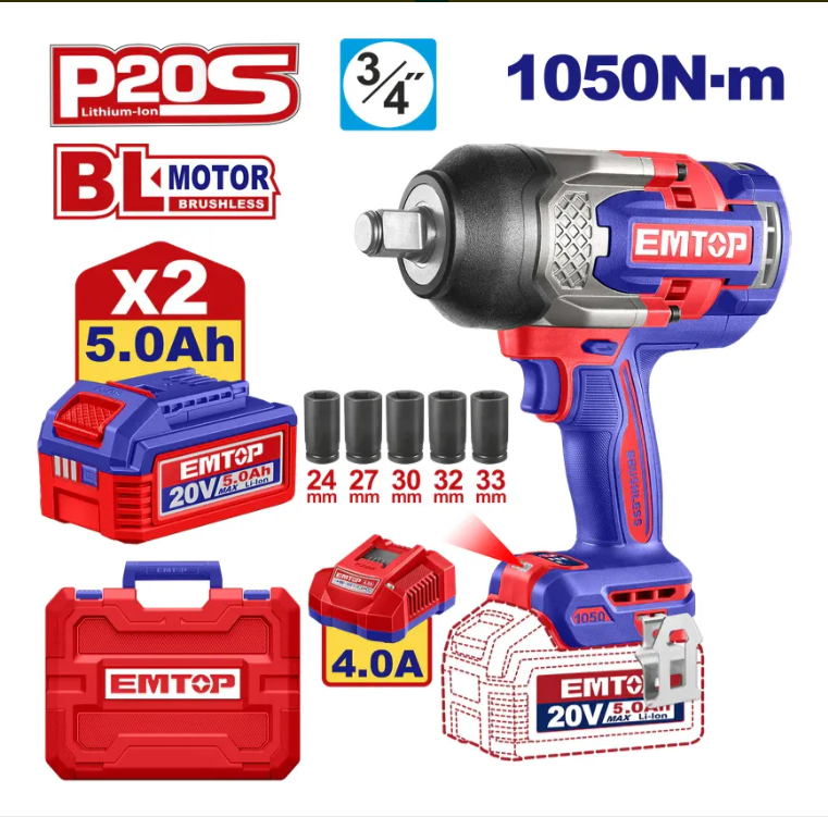 Llave De Impacto Emtop 20v 1050nm Brushless + 2 Bat 5.0ah