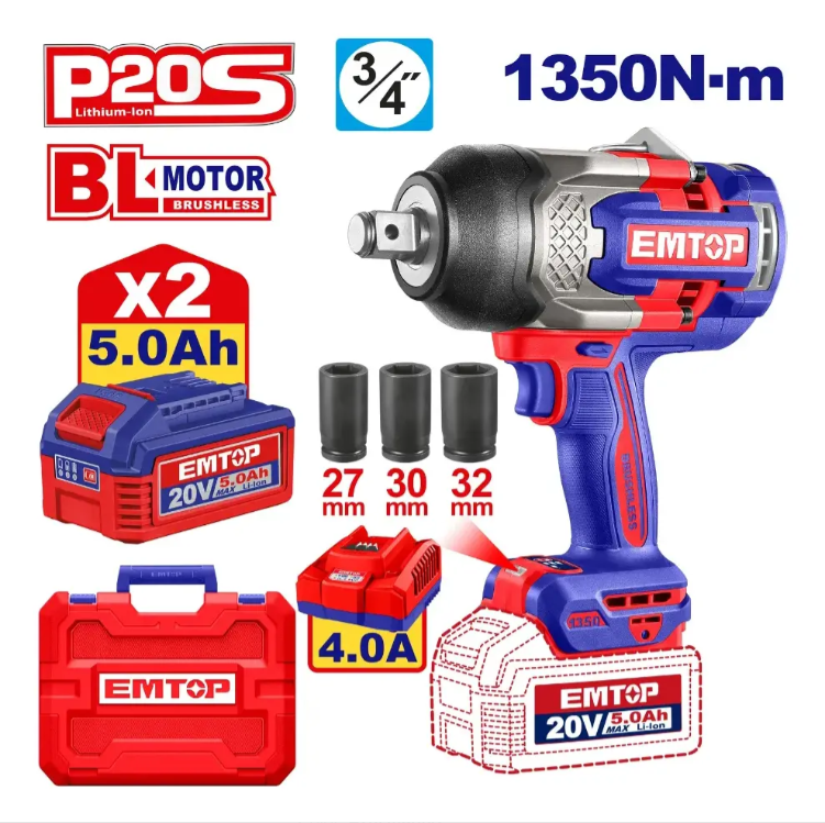 Llave Impacto Brushless 1350nm Emtop + 2 Baterias + Cargador