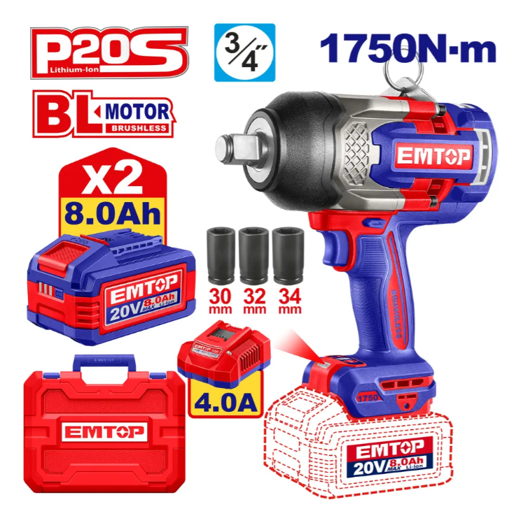 Llave De Impacto Inalambrica Emtop Brushles 1750nm +2 Baterias de 20v 8 ah + Accesorios