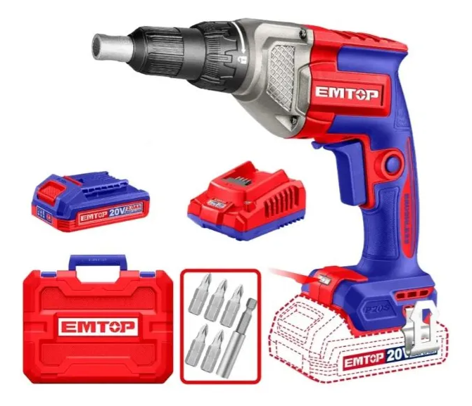 Atornillador Inalámbrico 20v Emtop Con Batería Y Cargador
