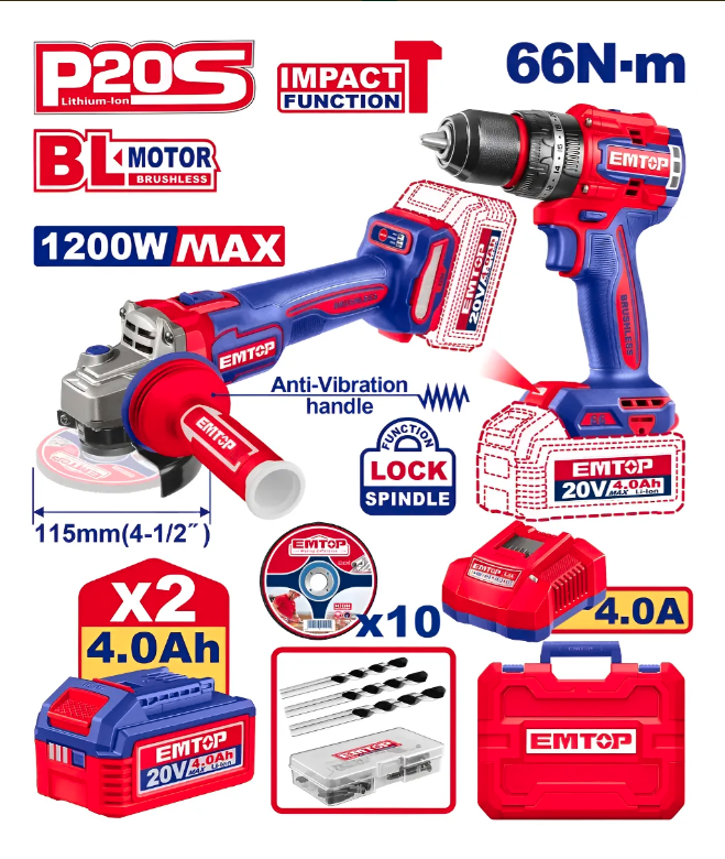 Combo Emtop Amoladora 115 Mm 1200w + Taladro De Impacto 66nm + Acc