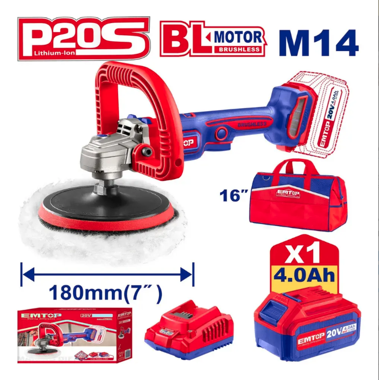 Pulidora Inalambrica Brushless 20v Emtop  con Bateria ,Cargador y Bolso