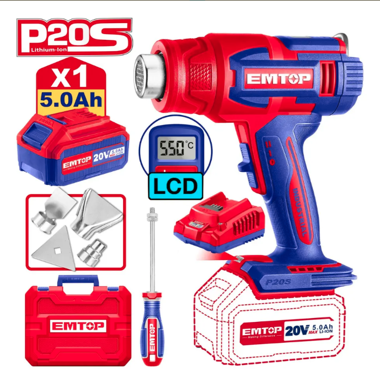 Pistola De Calor Inalambrica Emtop + Bateria Y Accesorios