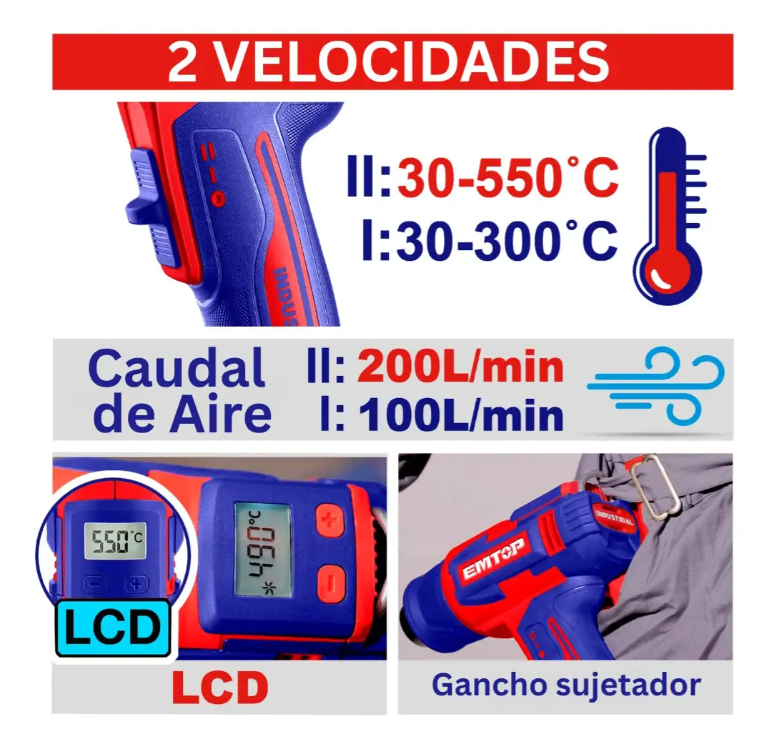 Pistola De Calor Inalambrica 20v Emtop + 2 Baterias  de 5 ah Y Cargador