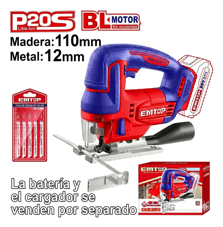 Sierra Caladora Emtop 20v Brushless 3000rpm 110mm sin bateria y cargador