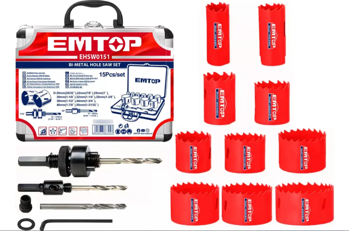 Set Juego Mecha Sierra Copa Bimetal 15 Piezas Emtop Maletin