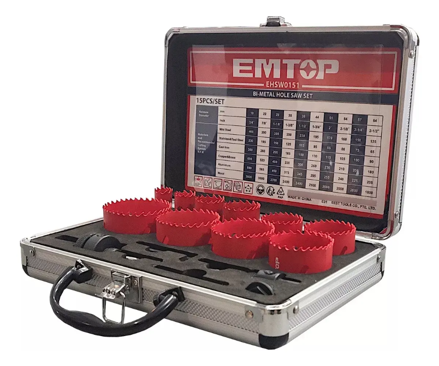 Set Juego Mecha Sierra Copa Bimetal 15 Piezas Emtop Maletin