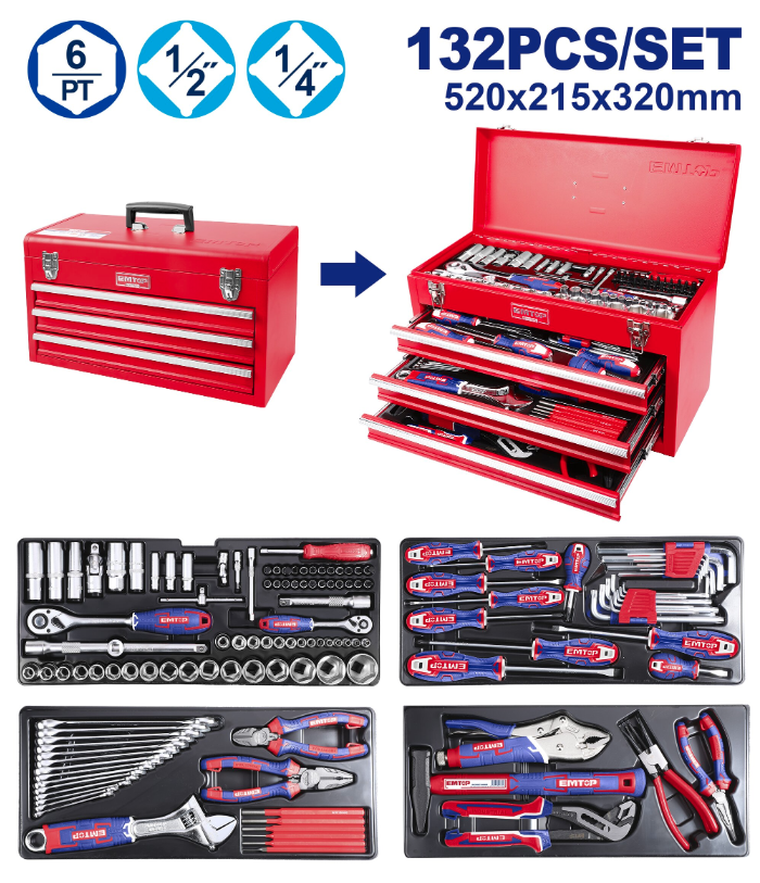 Juego De Herramientas 132 Pz En Caja Gabinete 3 Cajones Industrial Emtop Ehts01321