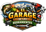 Logo de taller mecánico con auto, herramientas, pez y montañas; texto “El Garage de las Herramientas”