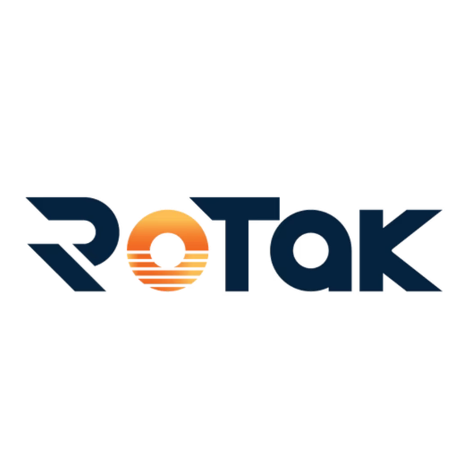 A black and orange logo for rotak on a white background