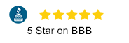 A 5 star rating on bbb is shown on a white background.