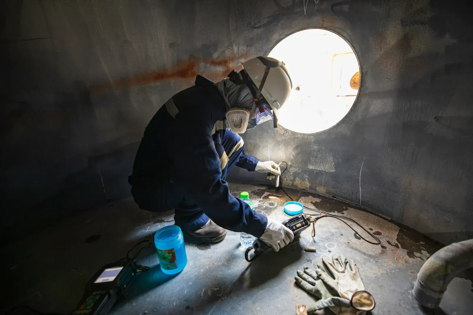 Man working in tight space
