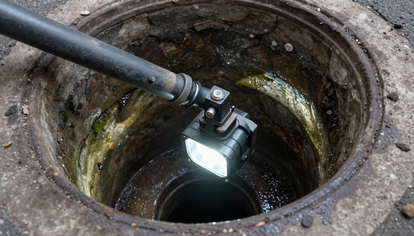 Telecamera a circuito chiuso calata in un tombino di cemento, che illumina l'interno buio con una luce intensa