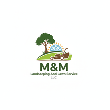Logo for M&M Landscaping and Lawn Service, featuring a tree, lawnmower, sun, and green and brown colors.