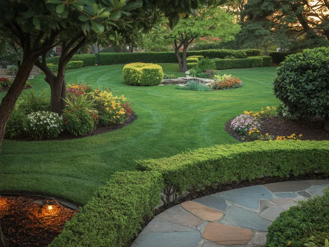 Well-manicured garden with green lawn, shrubs, trees, and stone pathway.