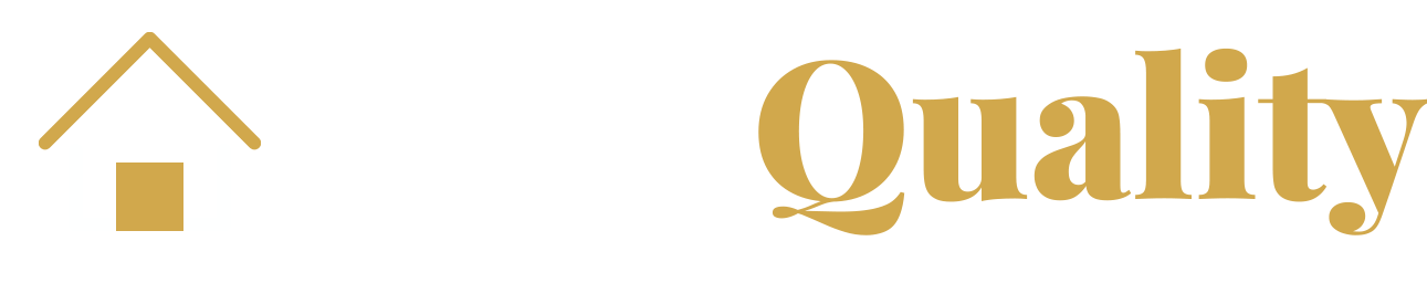 Gold house icon and the word &ldquo;Quality&rdquo; in gold text on a white background