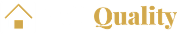 Gold house icon and the word &ldquo;Quality&rdquo; in gold text on a white background
