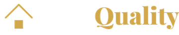 Gold house icon and the word &ldquo;Quality&rdquo; in gold text on a white background