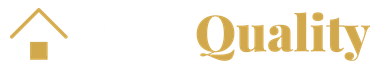 Gold house icon and the word &ldquo;Quality&rdquo; in gold text on a white background