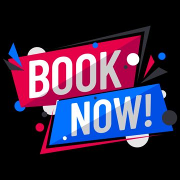 A red and blue sign that says book now on a black background.